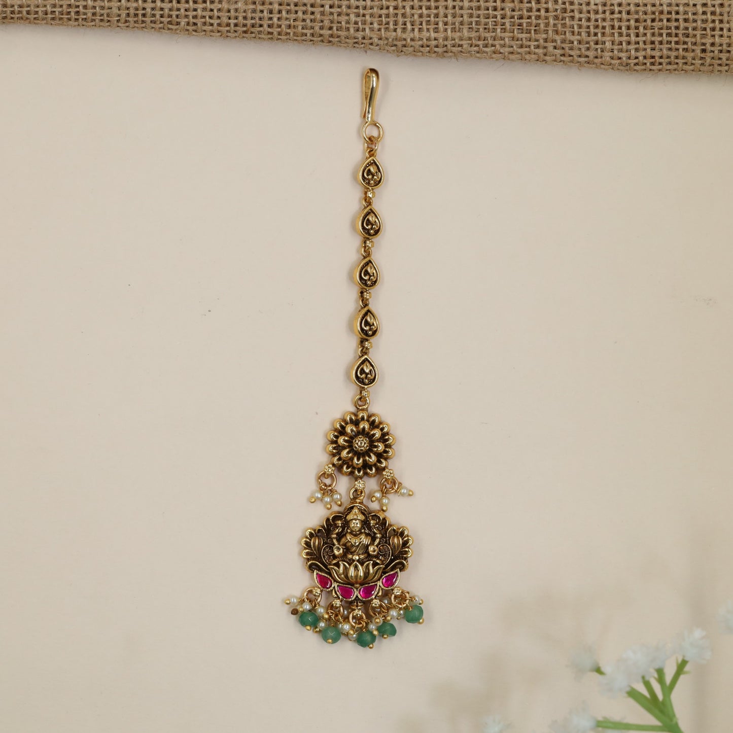 Lakshmi Antique Tikka with Floral Centre and Beaded Fringe