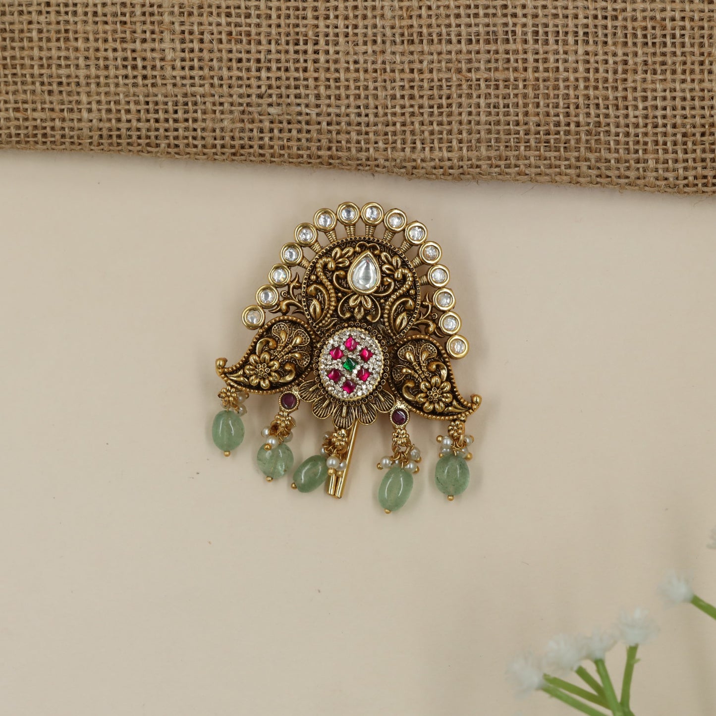 Leaf Scroll Antique Jade Bille with Hanging Beads
