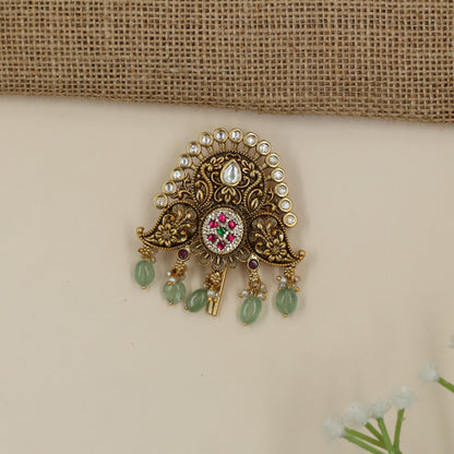 Leaf Scroll Antique Jade Bille with Hanging Beads
