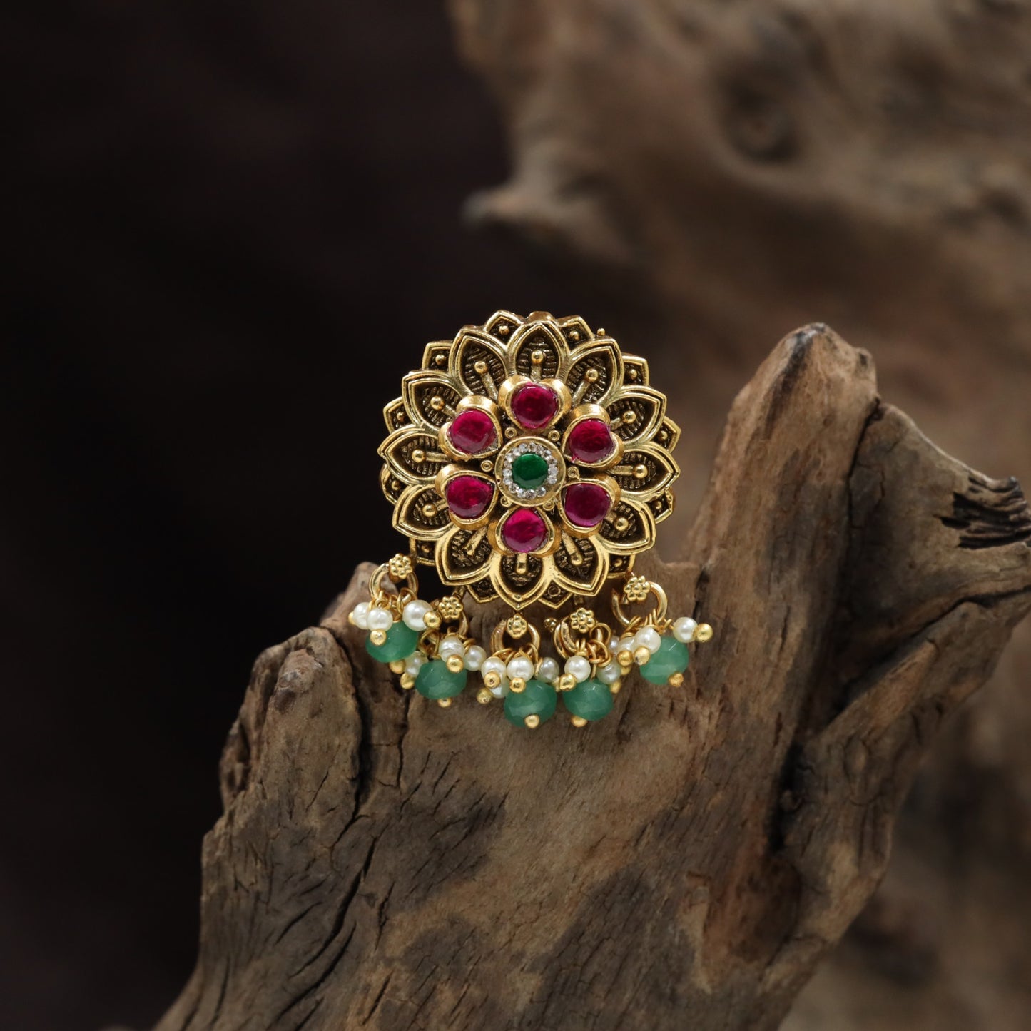 Floral Antique Jade Bille with Rosette Centre and Beaded Fringe