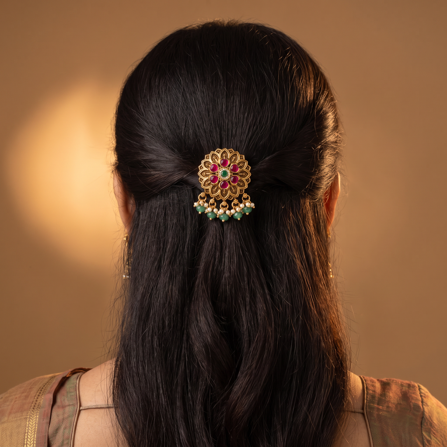 Floral Antique Jade Bille with Rosette Centre and Beaded Fringe
