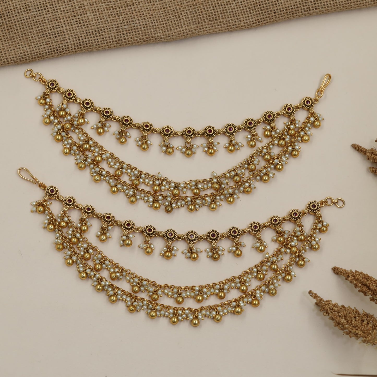 Traditional Antique Mati with Ornamental Floral Chainwork and Hanging Beads