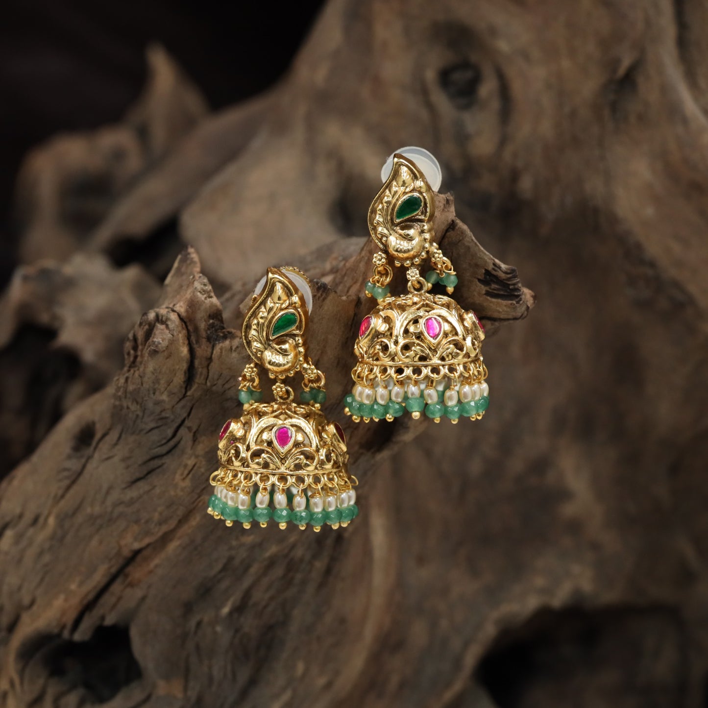 Antique Jumka with Sculpted Peacock Top and Hanging Beads