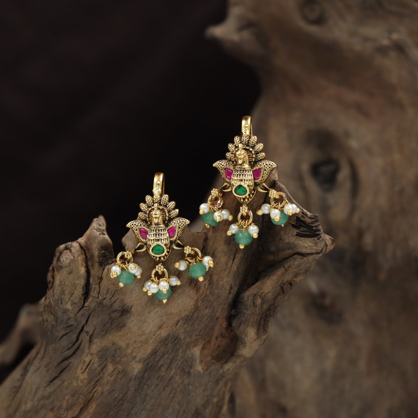 Peacock Antique Bugadi with Ornate Detailing and Hanging Beads