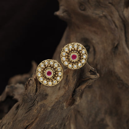 Circular Medallion Antique Stud with Radiant Centre and Ornate Border