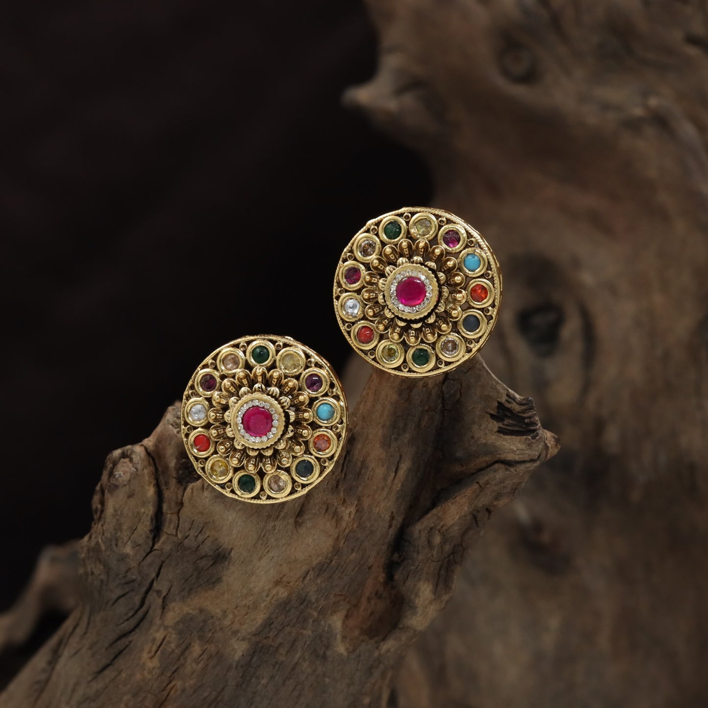Circular Medallion Antique Stud with Radiant Centre and Ornate Border