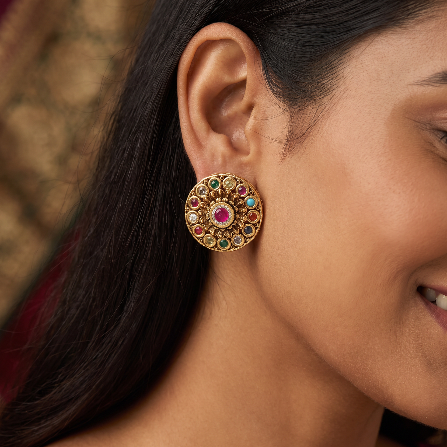Circular Medallion Antique Stud with Radiant Centre and Ornate Border
