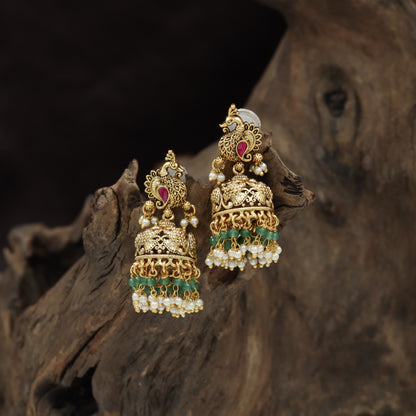 Peacock Antique Jumka with Ornate Dome and Beaded Fringe