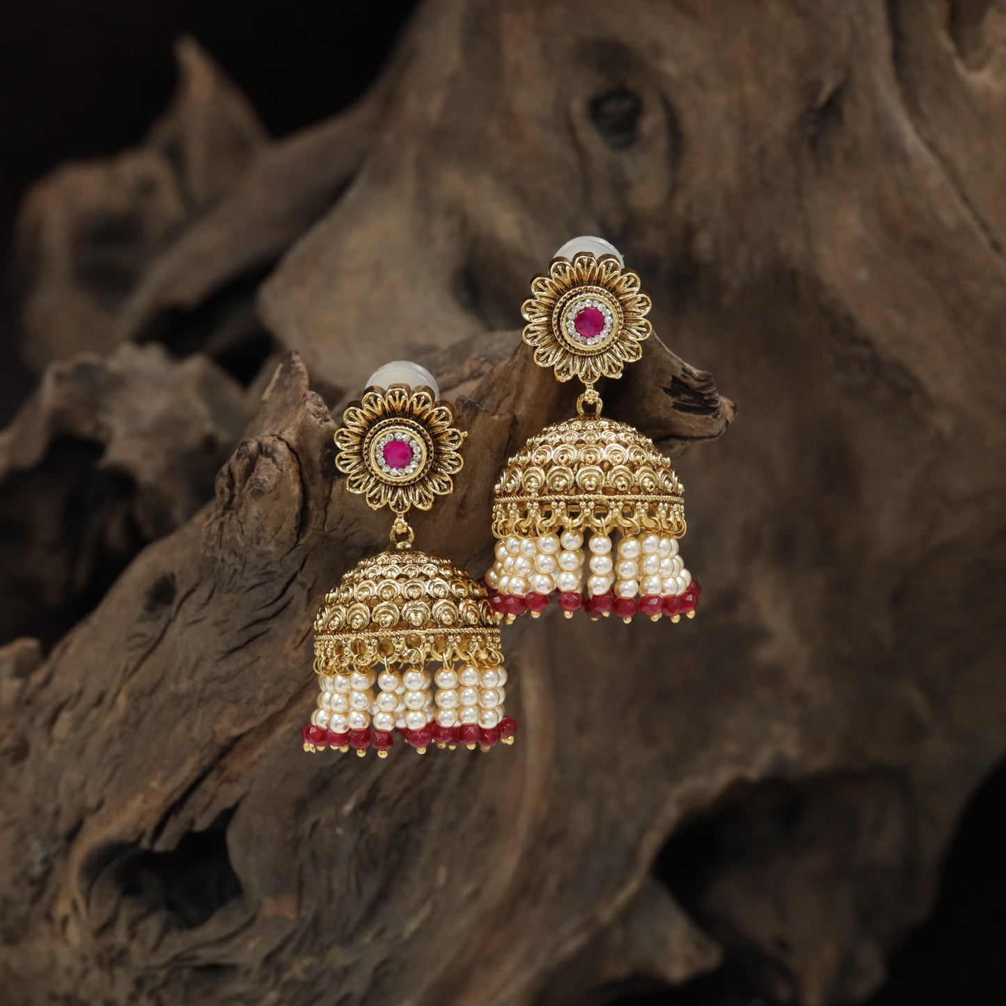 Traditional Antique Jumka with Floral Centre with Detailed Dome and Beaded Drops