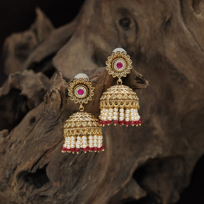 Traditional Antique Jumka with Floral Centre with Detailed Dome and Beaded Drops
