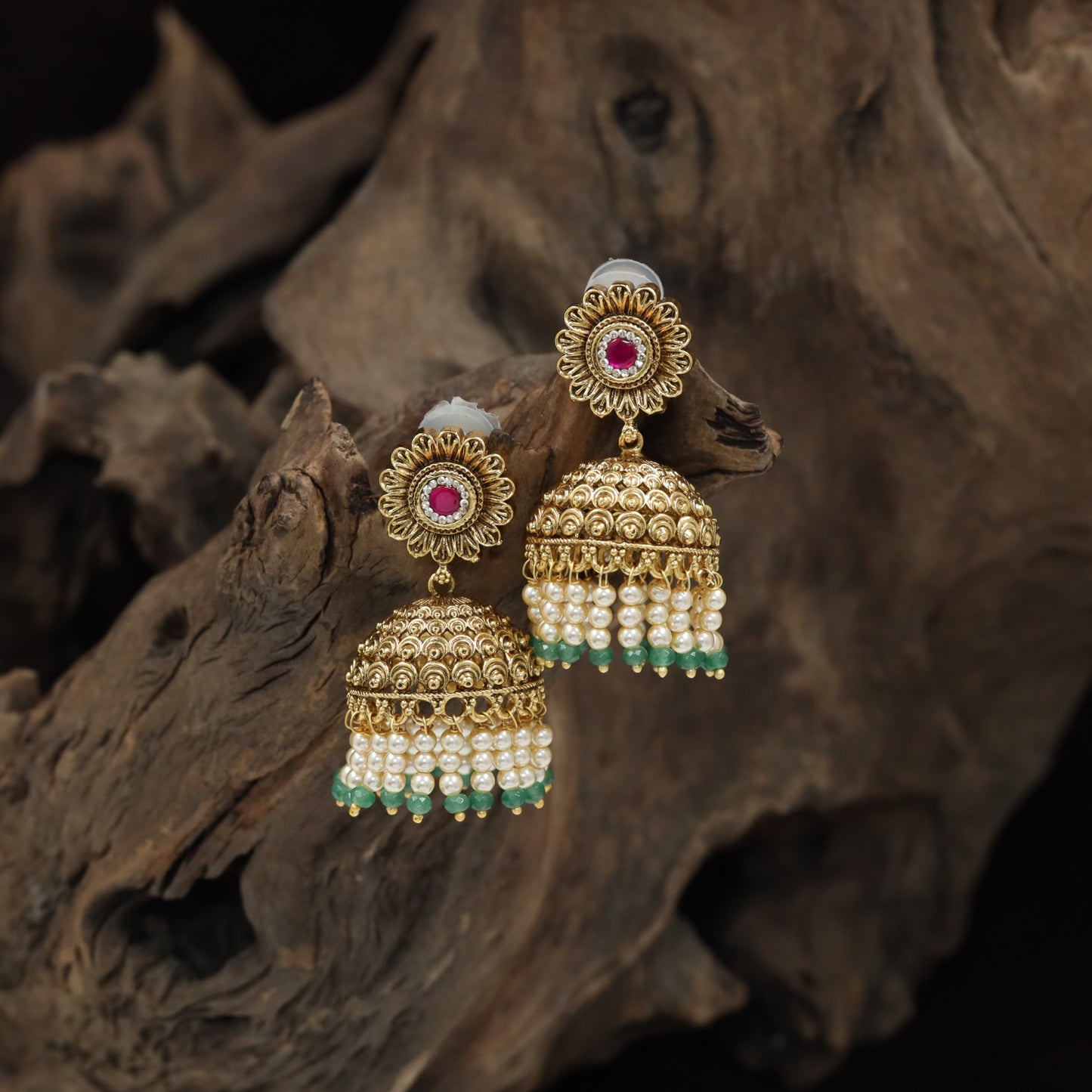 Traditional Antique Jumka with Floral Centre with Detailed Dome and Beaded Drops