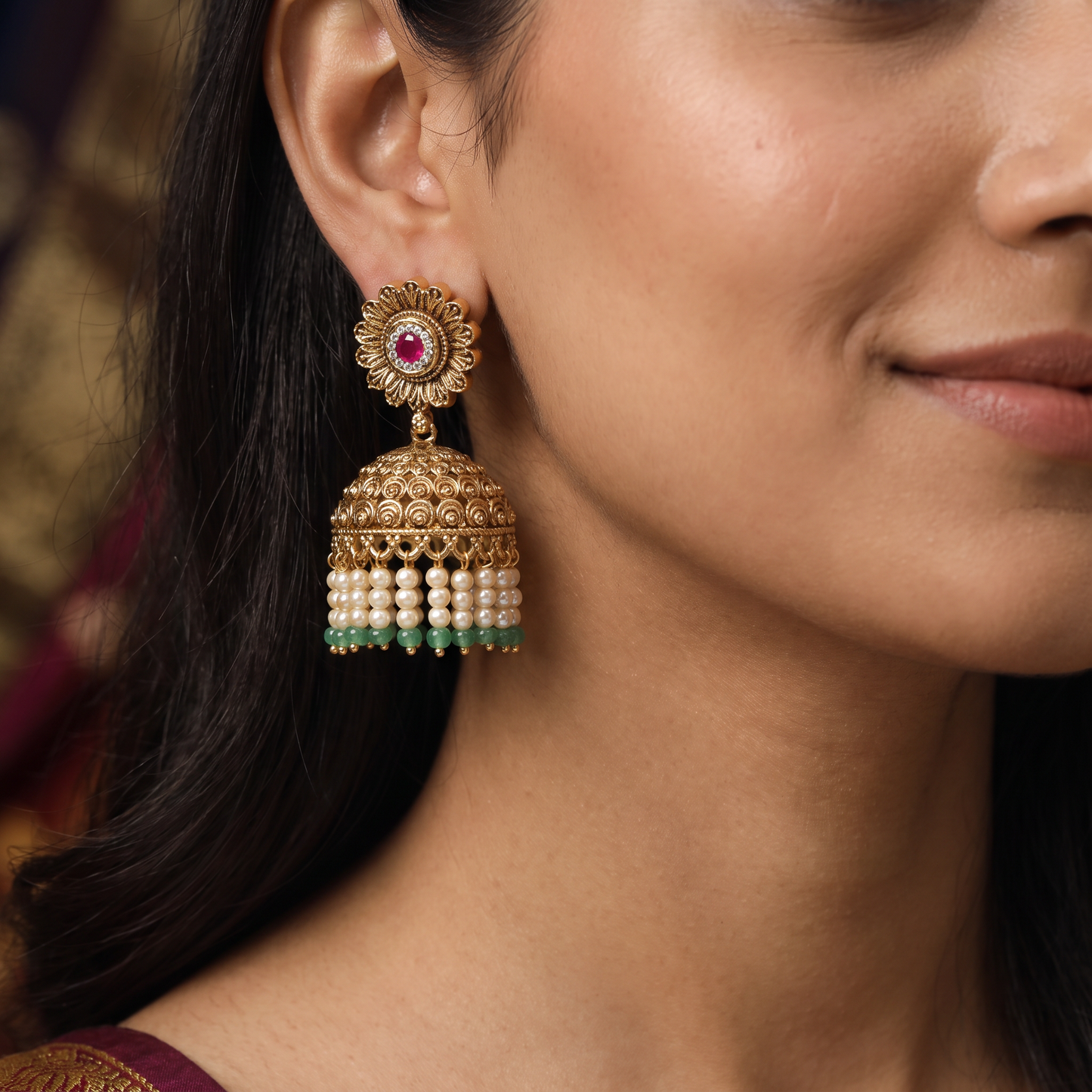 Traditional Antique Jumka with Floral Centre with Detailed Dome and Beaded Drops