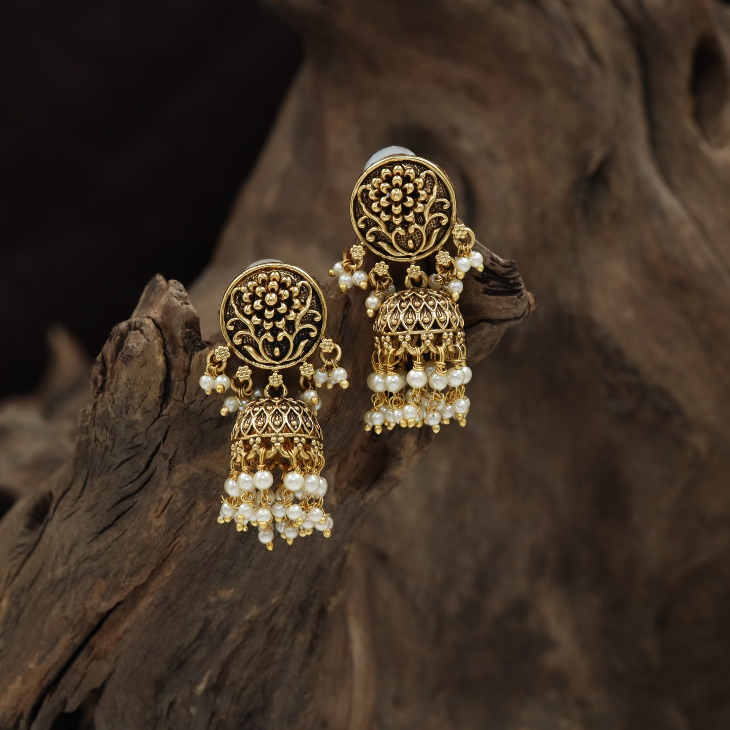 Floral Circle Antique Jumka with Intricate Dome and Beaded Fringe