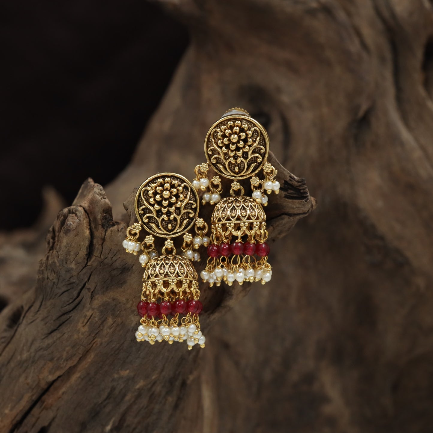 Floral Circle Antique Jumka with Intricate Dome and Beaded Fringe