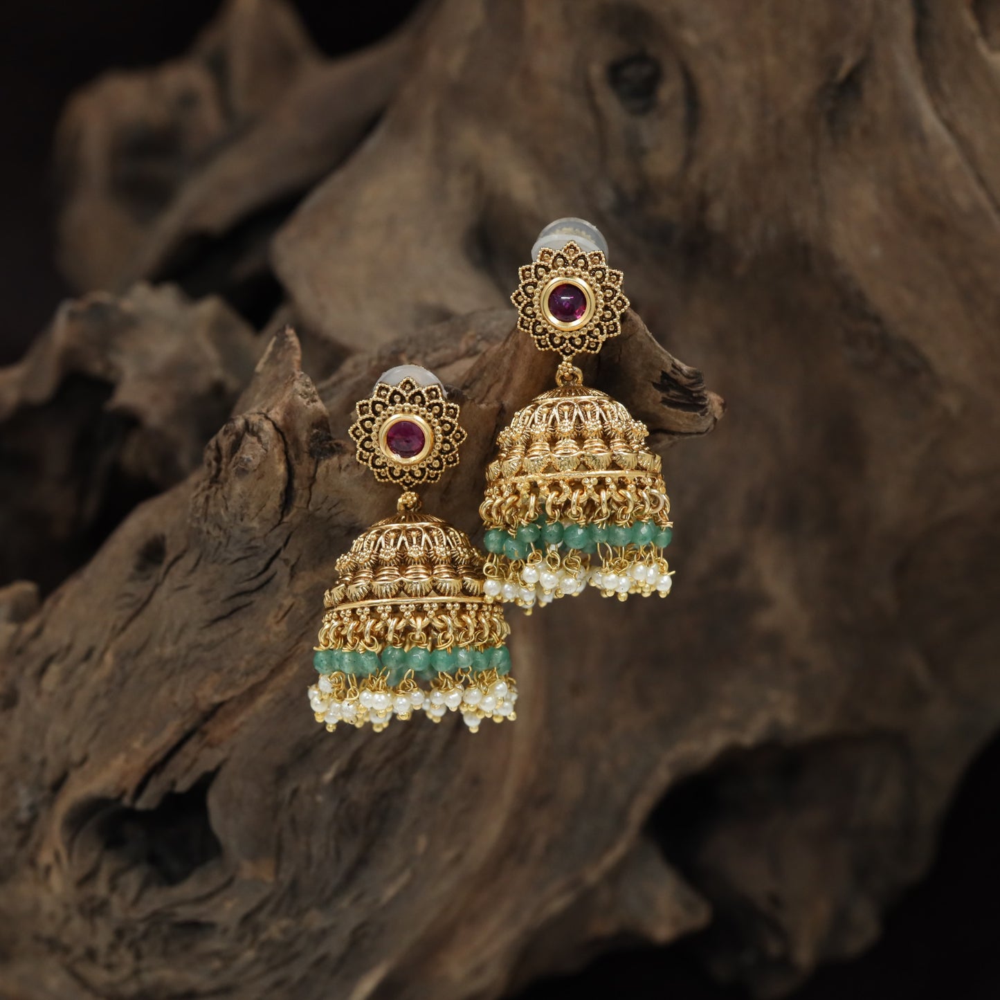 Floral Rosette Antique Jumka with Ornate Dome and Beaded Fringe