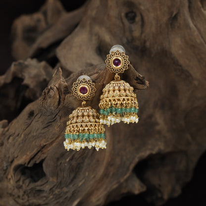 Floral Rosette Antique Jumka with Ornate Dome and Beaded Fringe