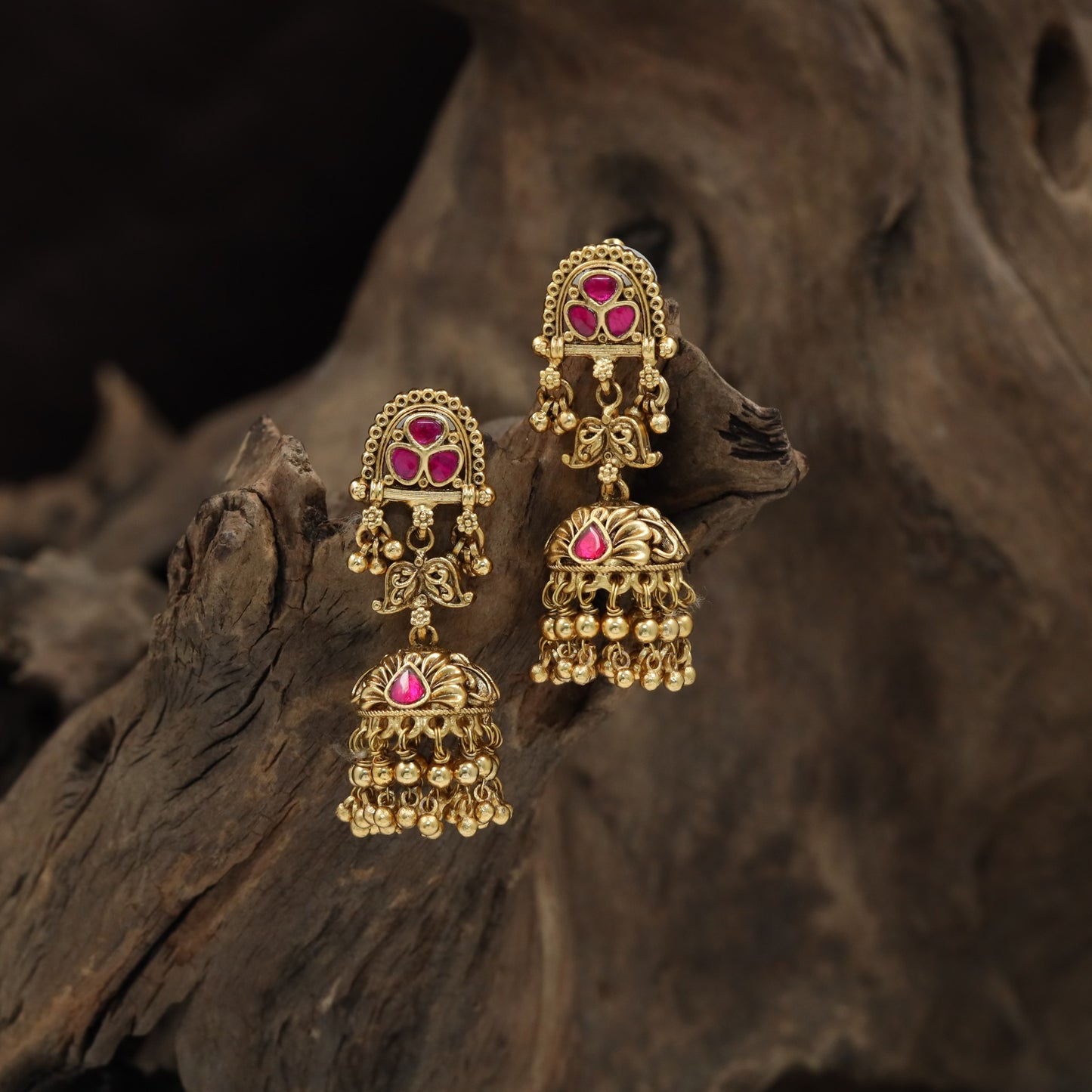 Traditional Antique Jumka with Decorative Arch, Sculpted Drop and Beaded Fringe