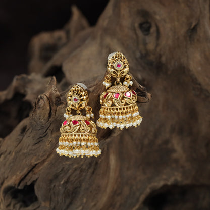 Ornate Leaf-Shaped Stud with Sculpted Dome Antique Jumka and Beaded Fringe