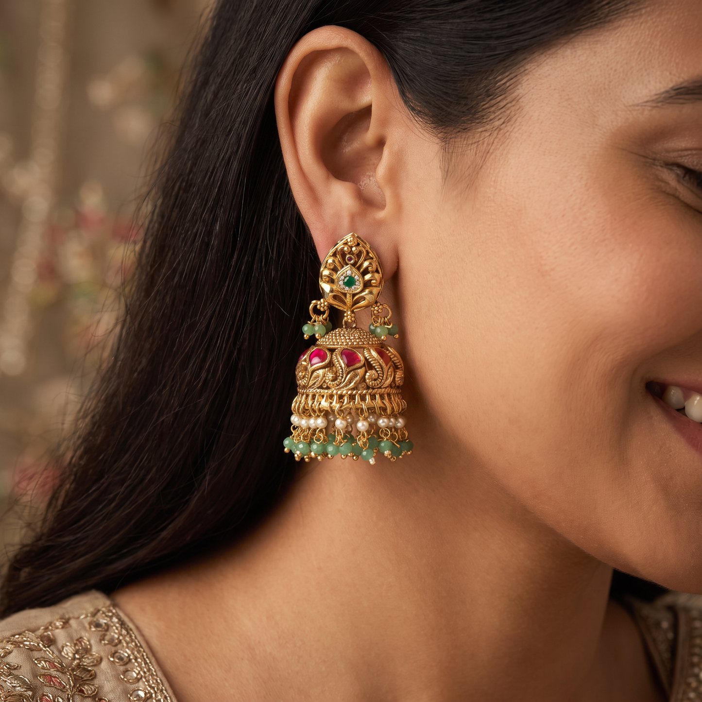 Ornate Leaf-Shaped Stud with Sculpted Dome Antique Jumka and Beaded Fringe