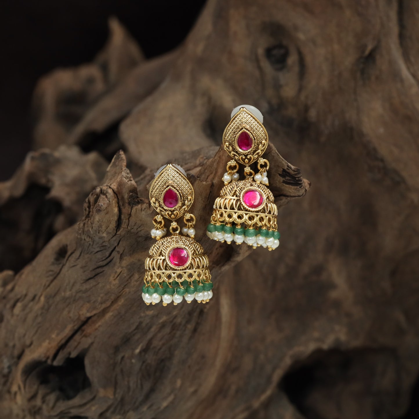 Teardrop Stud and Arched Dome Antique Jumka with Beaded Fringe