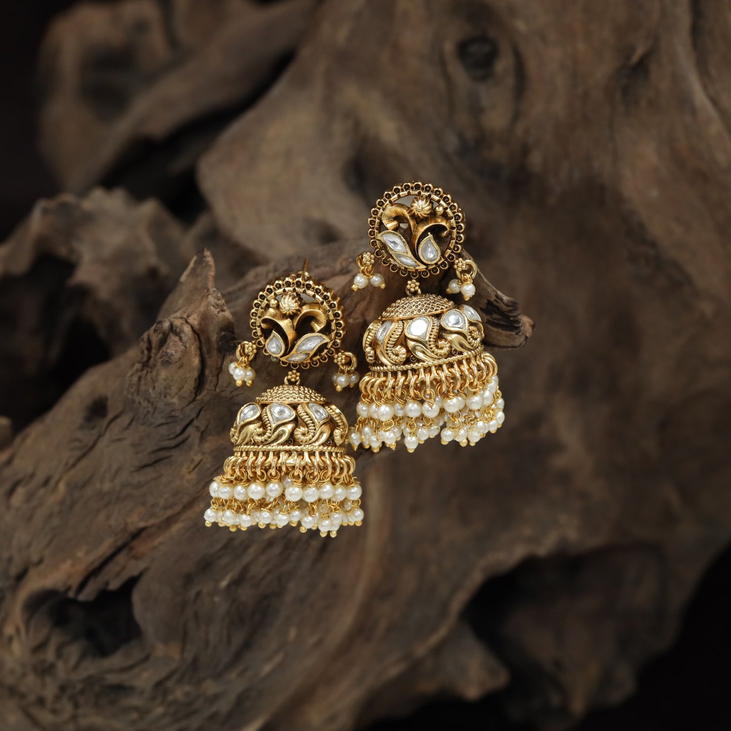 Ornate Circular Stud and Sculpted Dome Antique Jumka with Beaded Fringe