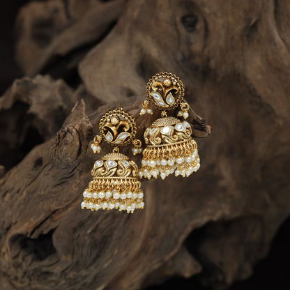 Ornate Circular Stud and Sculpted Dome Antique Jumka with Beaded Fringe