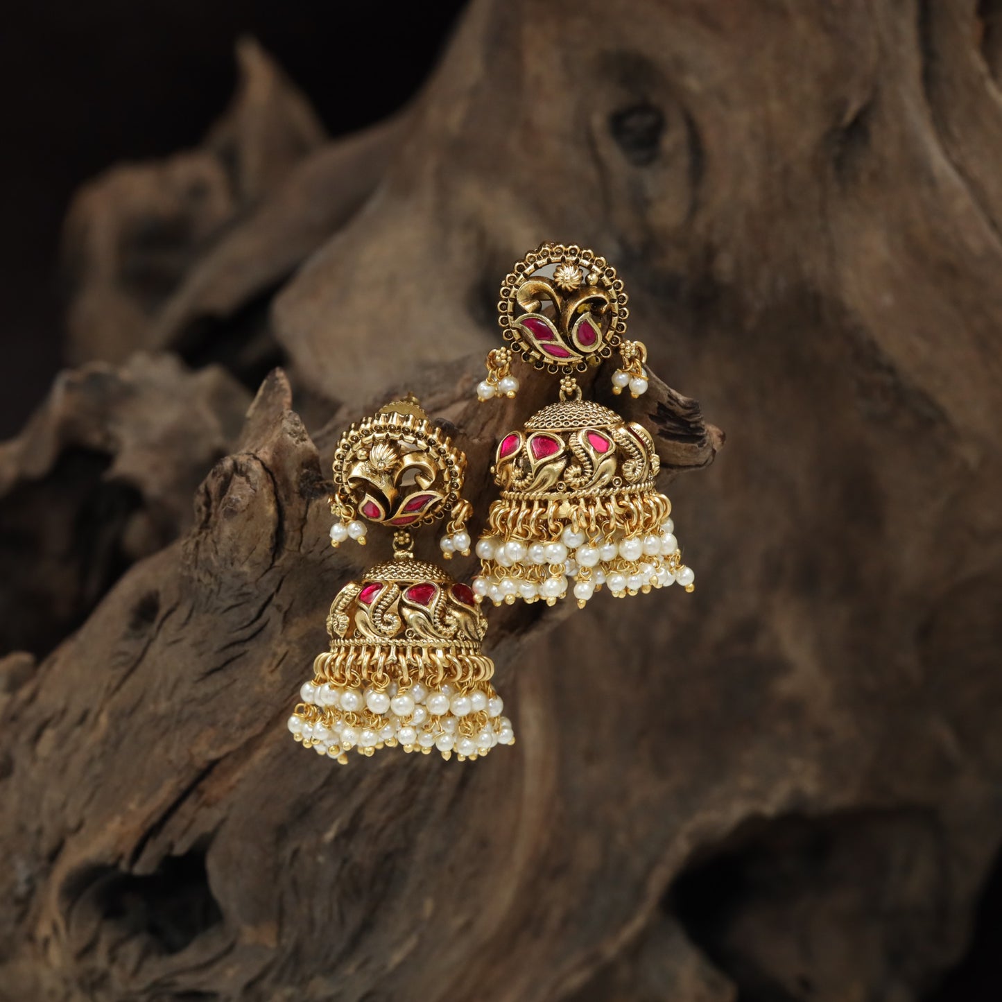 Ornate Circular Stud and Sculpted Dome Antique Jumka with Beaded Fringe