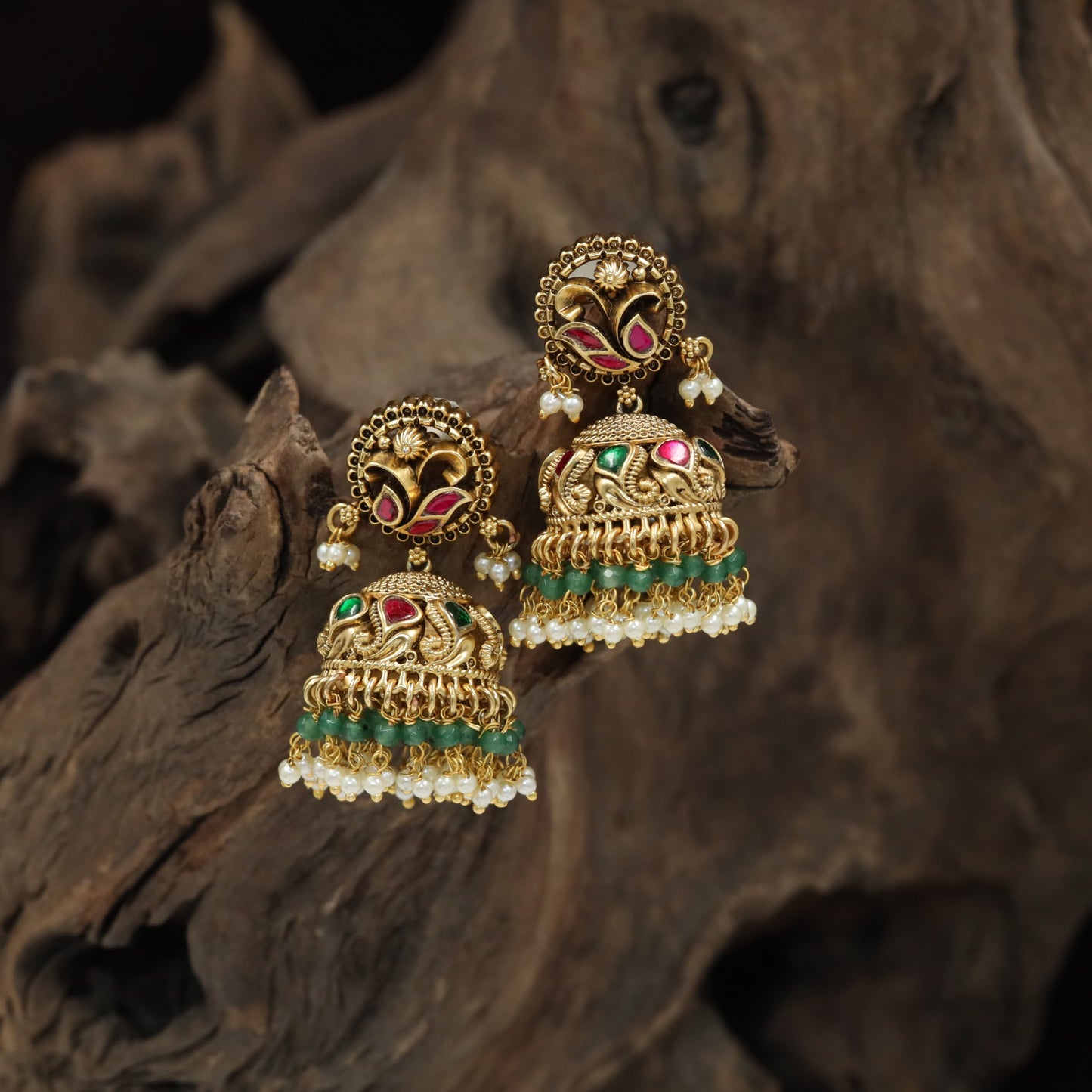 Ornate Circular Stud and Sculpted Dome Antique Jumka with Beaded Fringe