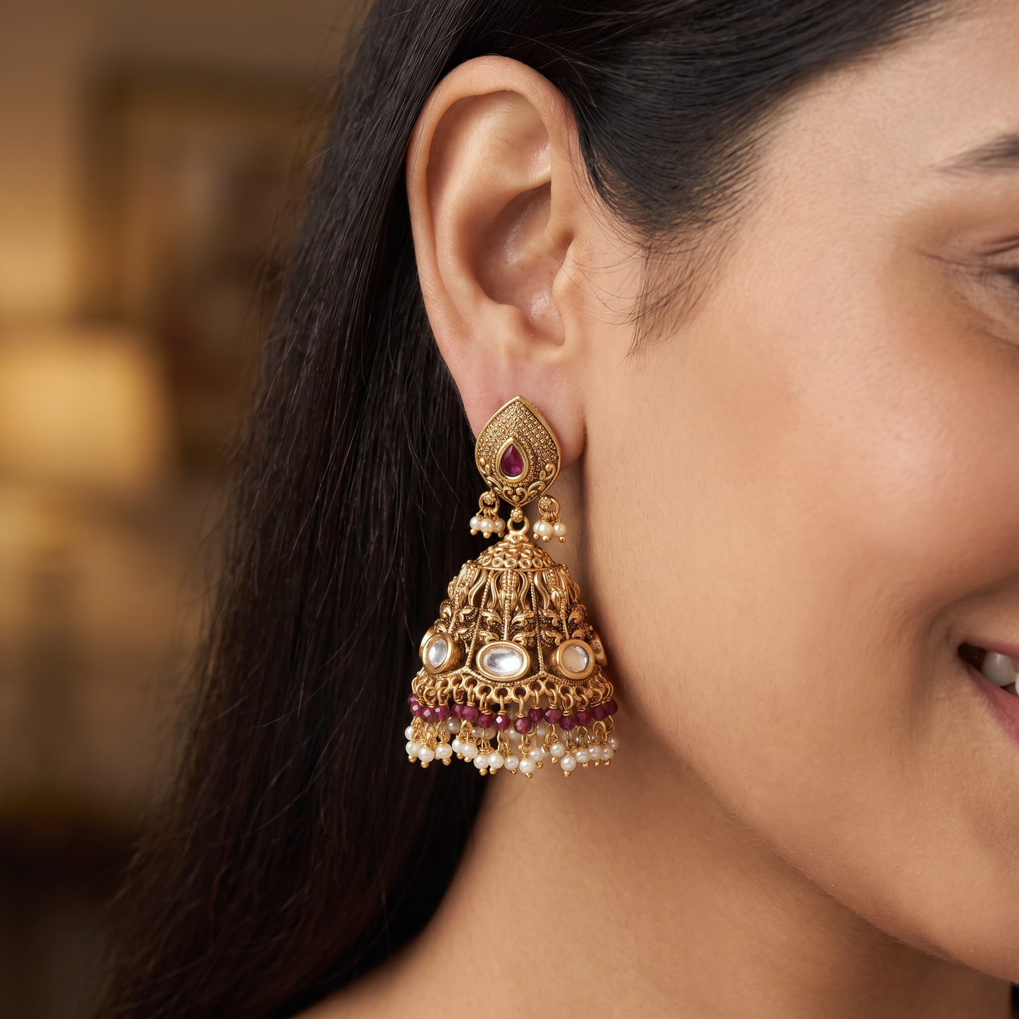 Detailed Bell-Shaped Drop with Circular Accents in an Antique Jumka Design