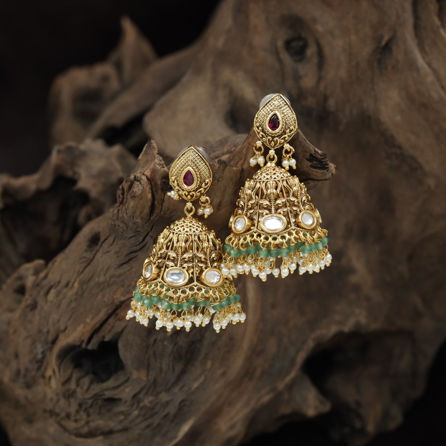 Detailed Bell-Shaped Drop with Circular Accents in an Antique Jumka Design