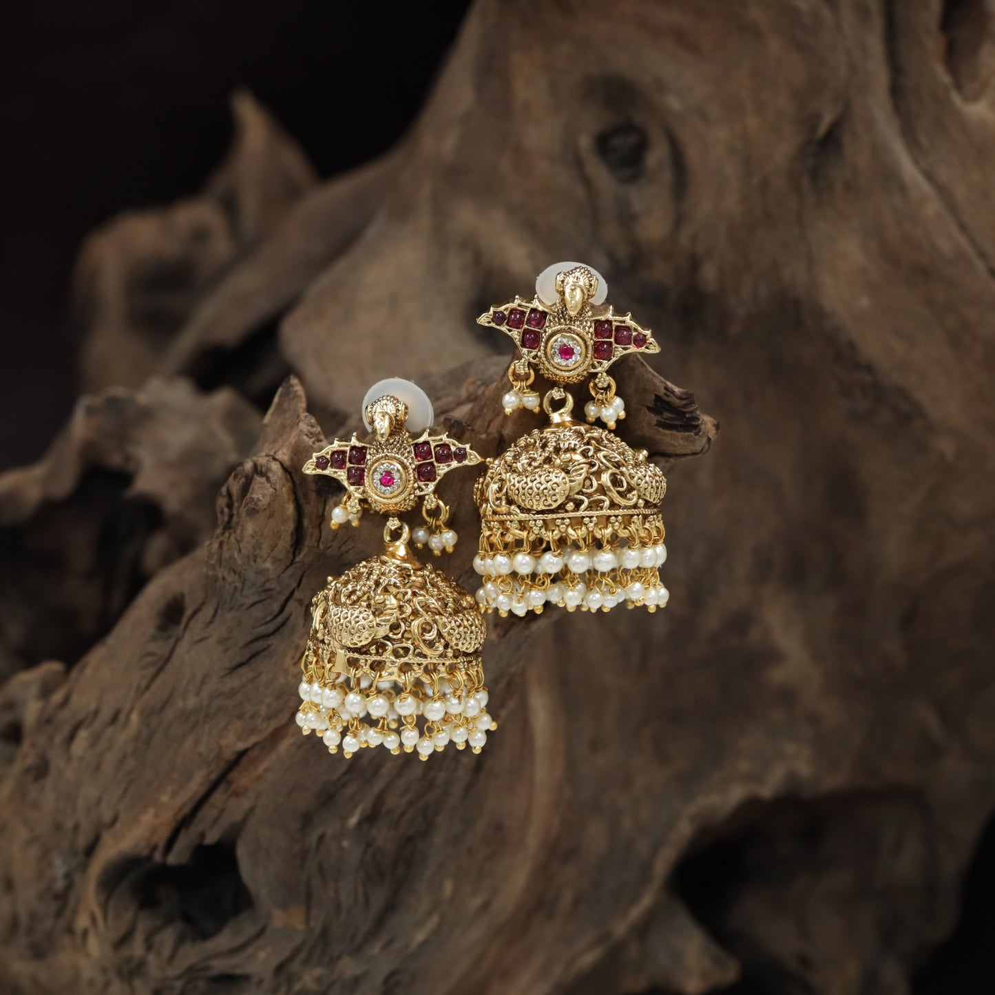 Peacock Design Antique Jumka with Sculpted Dome and Hanging Beads
