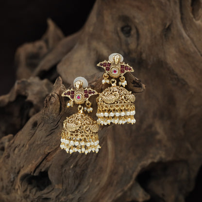 Peacock Design Antique Jumka with Sculpted Dome and Hanging Beads