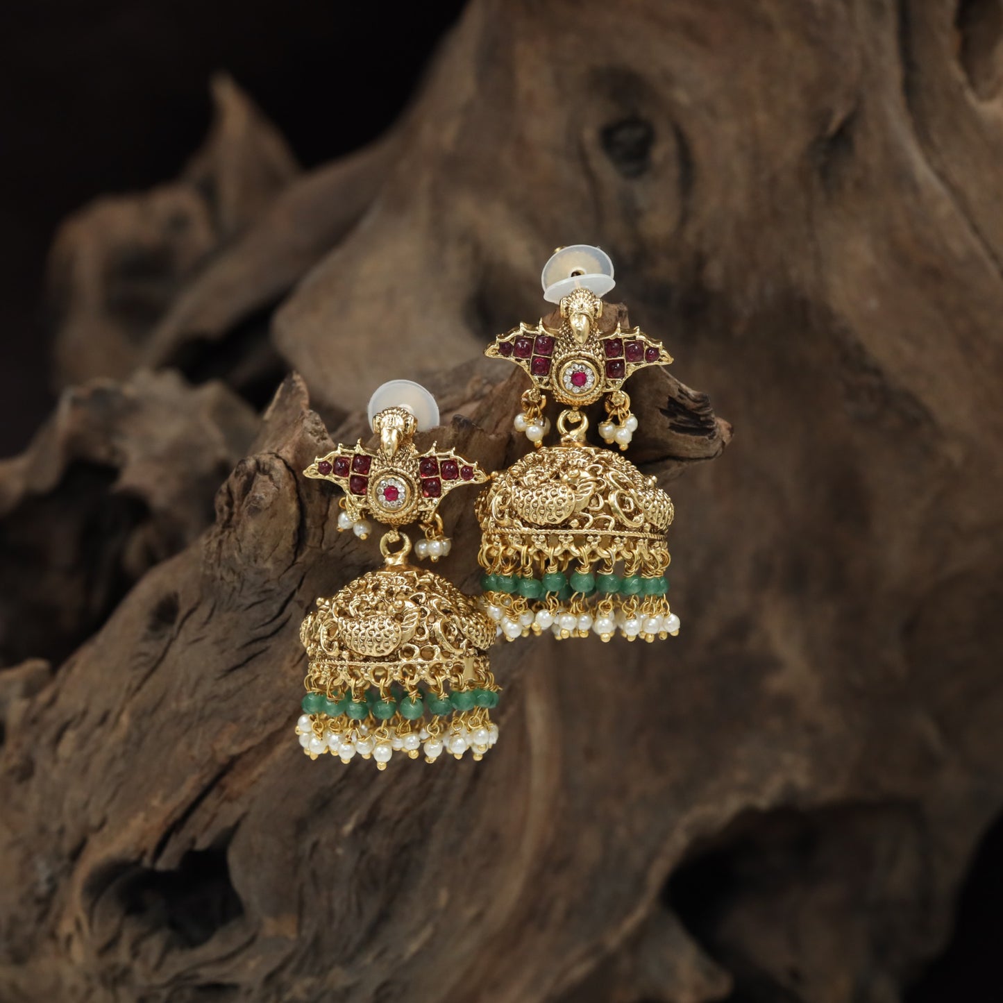 Peacock Design Antique Jumka with Sculpted Dome and Hanging Beads