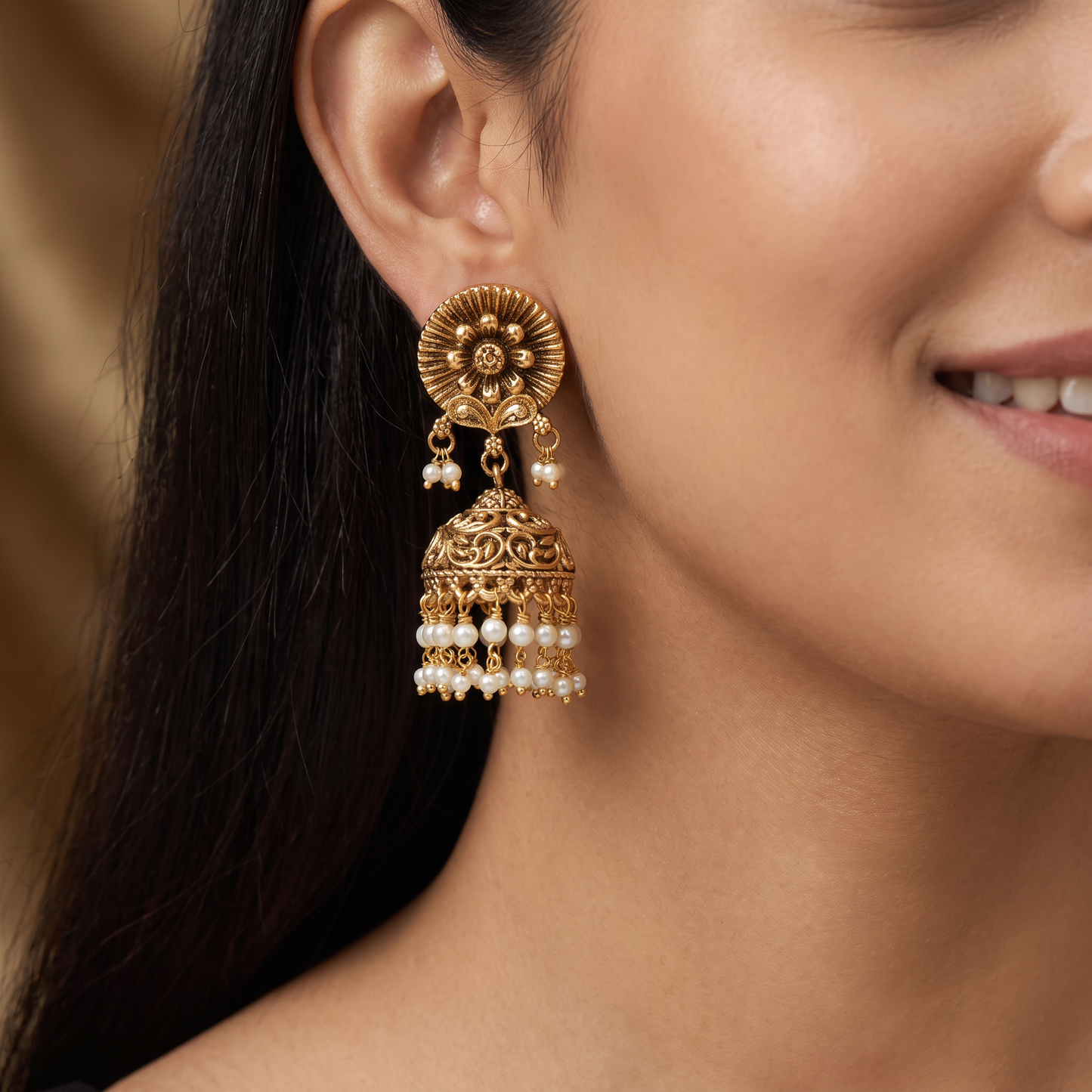 Antique Jumka Featuring Radiant Flower Centres and Beaded Fringe