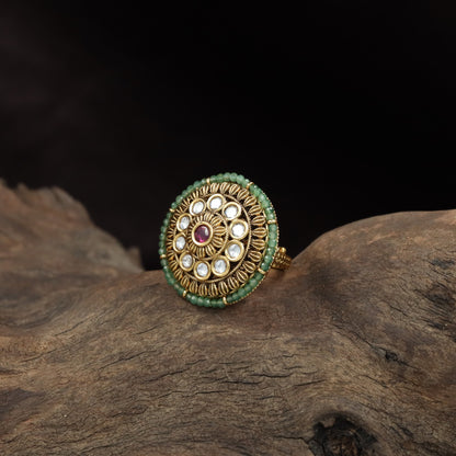 Antique Finger Ring Featuring Detailed Petal Work and Ornamental Circular Framing