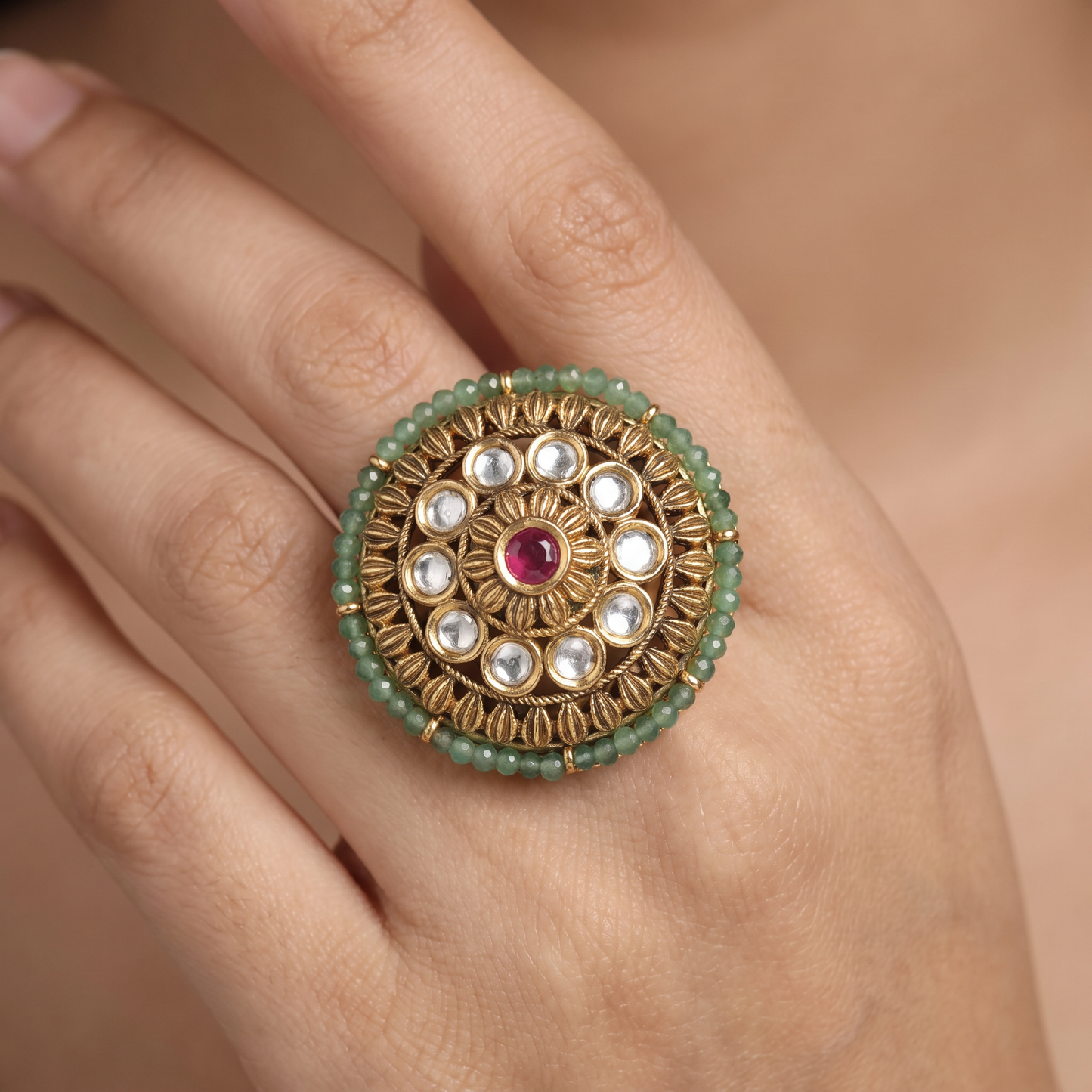 Antique Finger Ring Featuring Detailed Petal Work and Ornamental Circular Framing