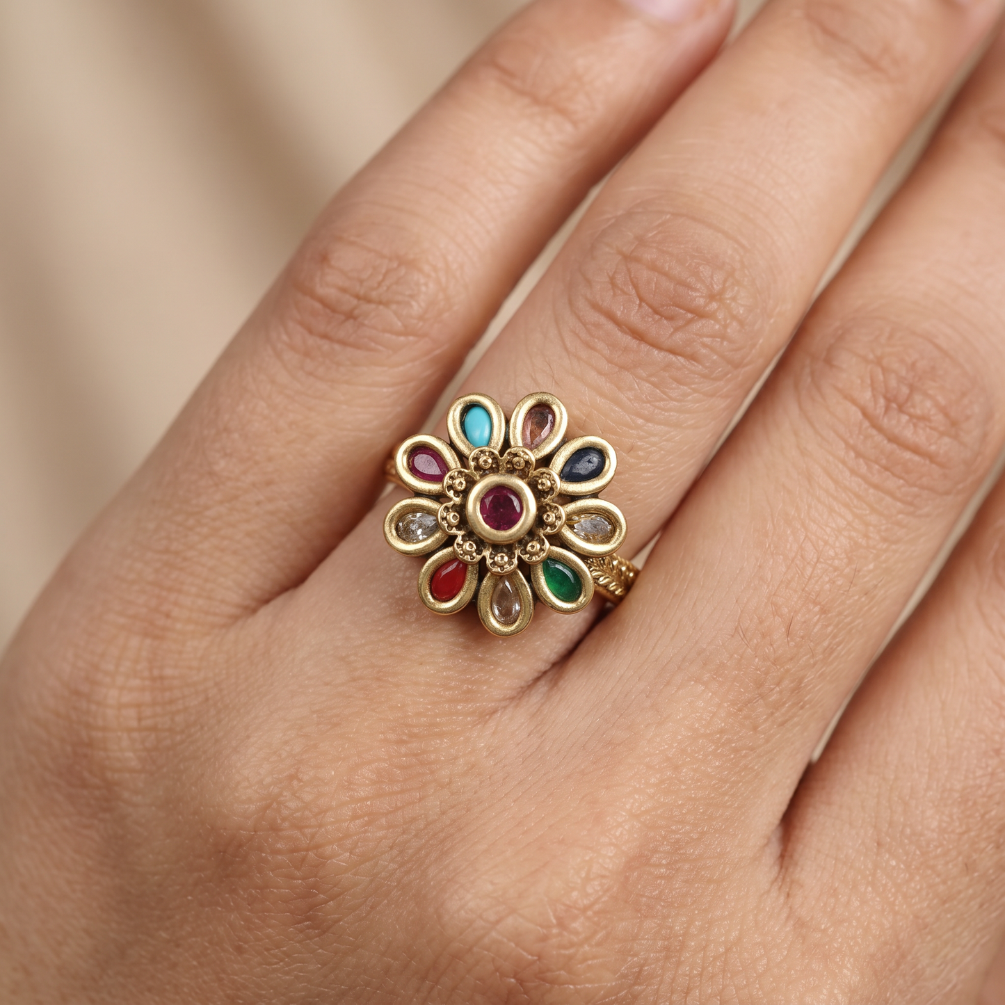Floral Antique Finger Ring with Multicoloured Petal Detailing and Ornamental Centre