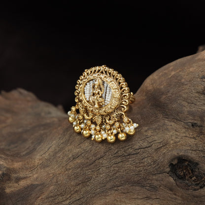 Antique Finger Ring Featuring Seated Lakshmi and Fine Beaded Surround