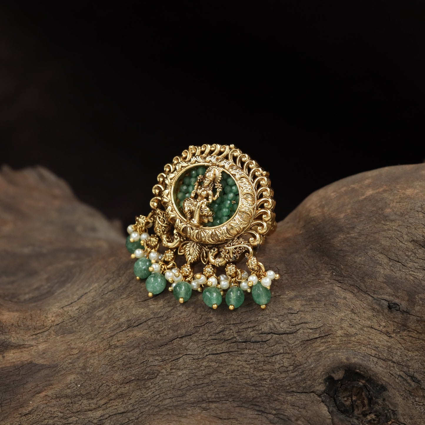Antique Finger Ring Featuring Seated Lakshmi and Fine Beaded Surround