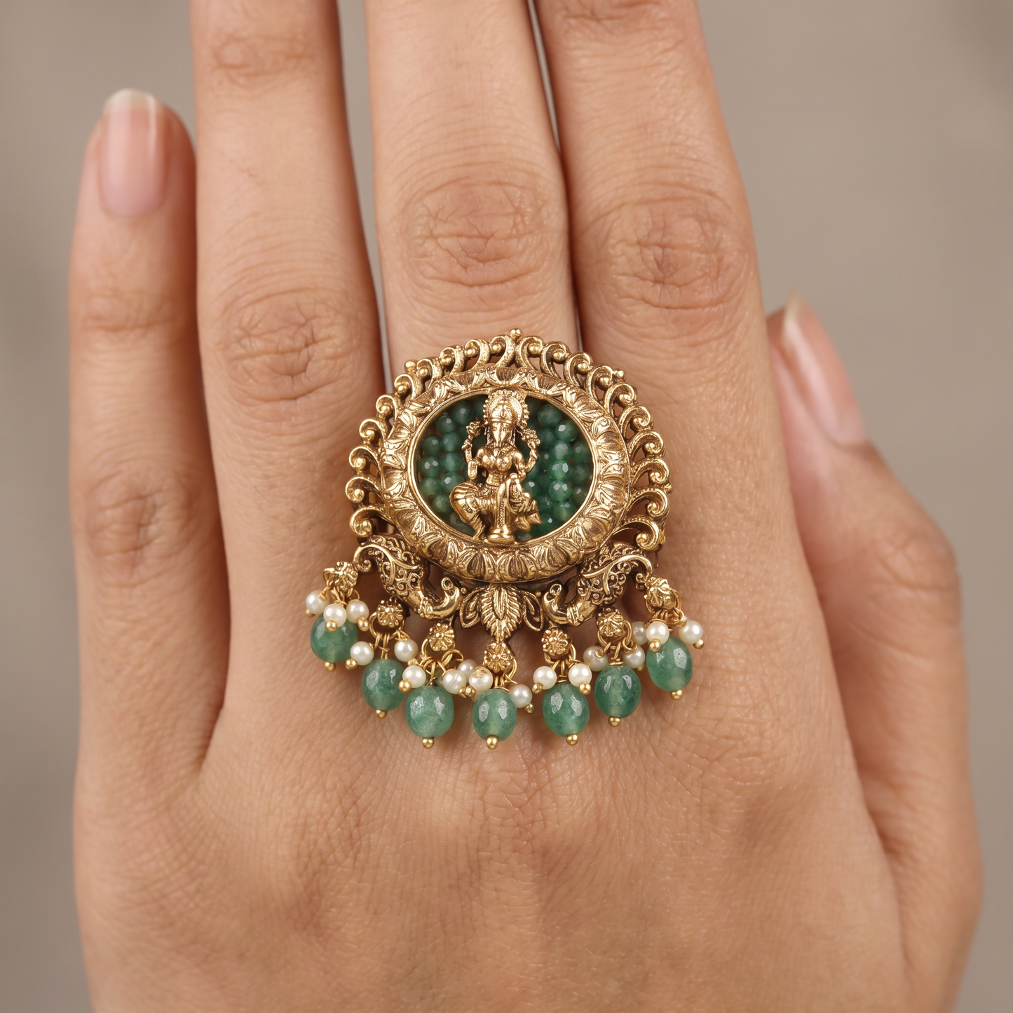 Antique Finger Ring Featuring Seated Lakshmi and Fine Beaded Surround