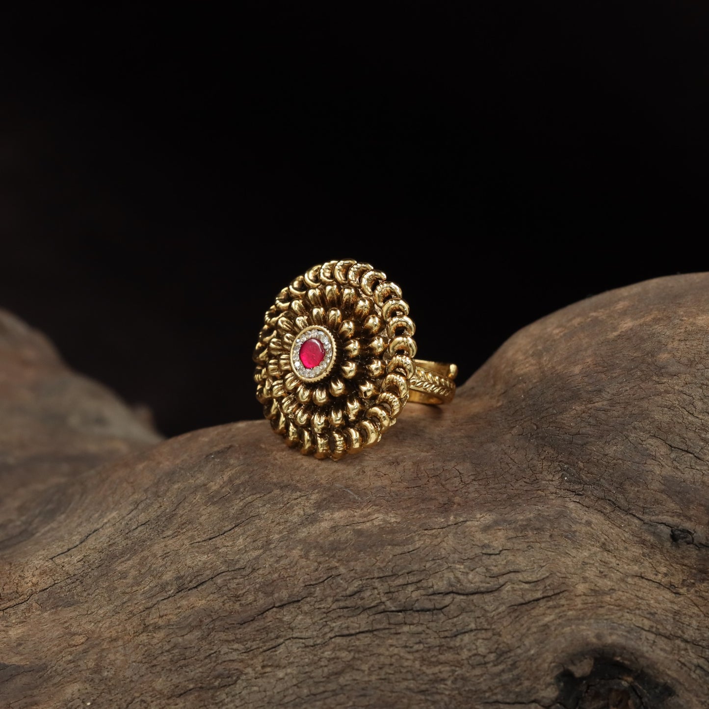 Antique Finger Ring with Sculpted Floral Work and Intricate Outer Detailing