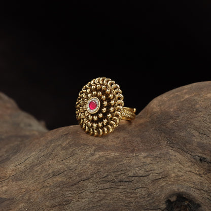 Antique Finger Ring with Sculpted Floral Work and Intricate Outer Detailing