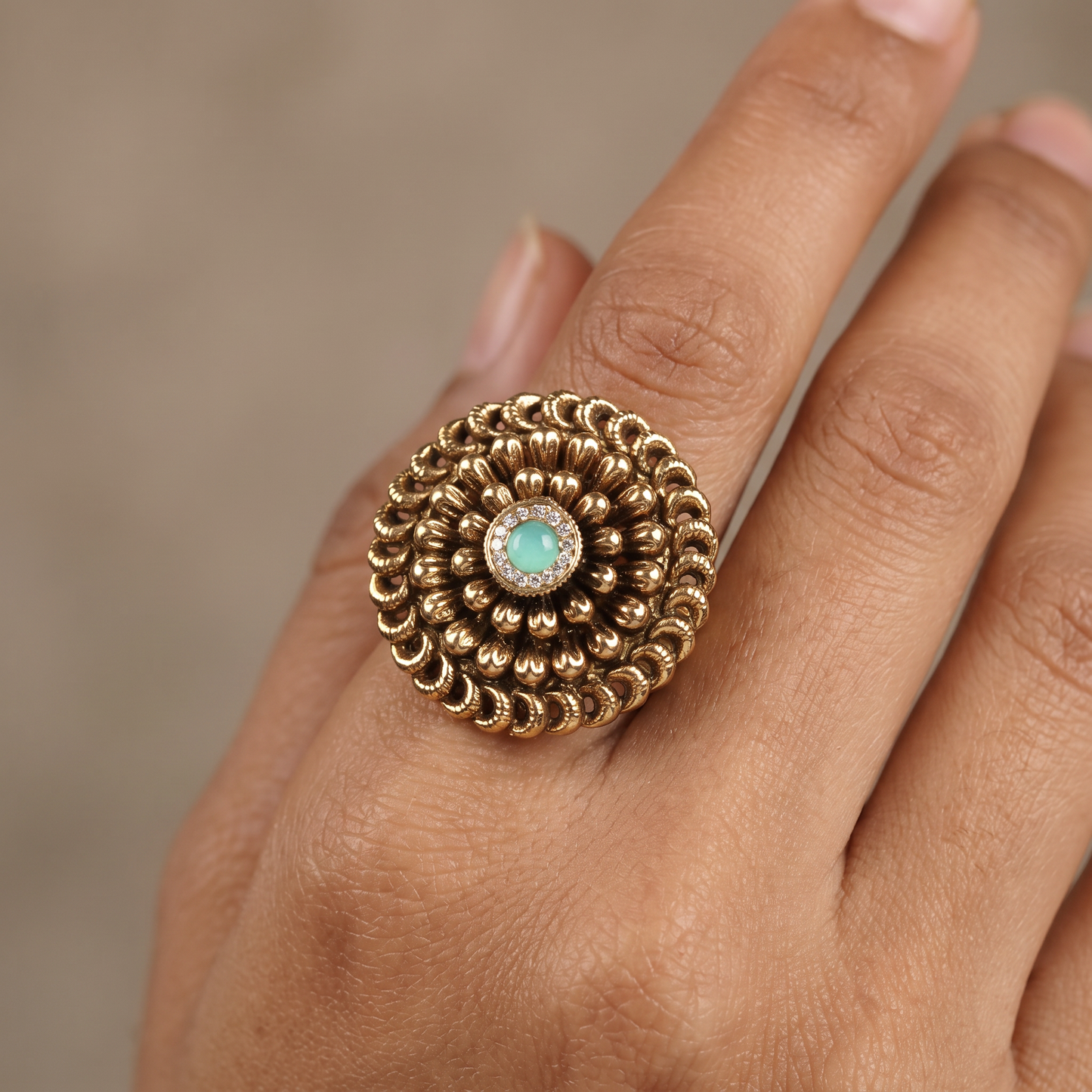 Antique Finger Ring with Sculpted Floral Work and Intricate Outer Detailing