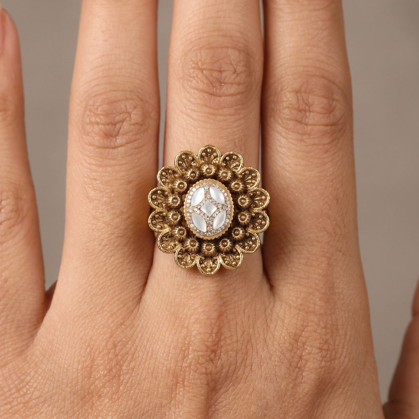 Antique Finger Ring with Symmetrical Petal Work and Fine Ornamental Detailing
