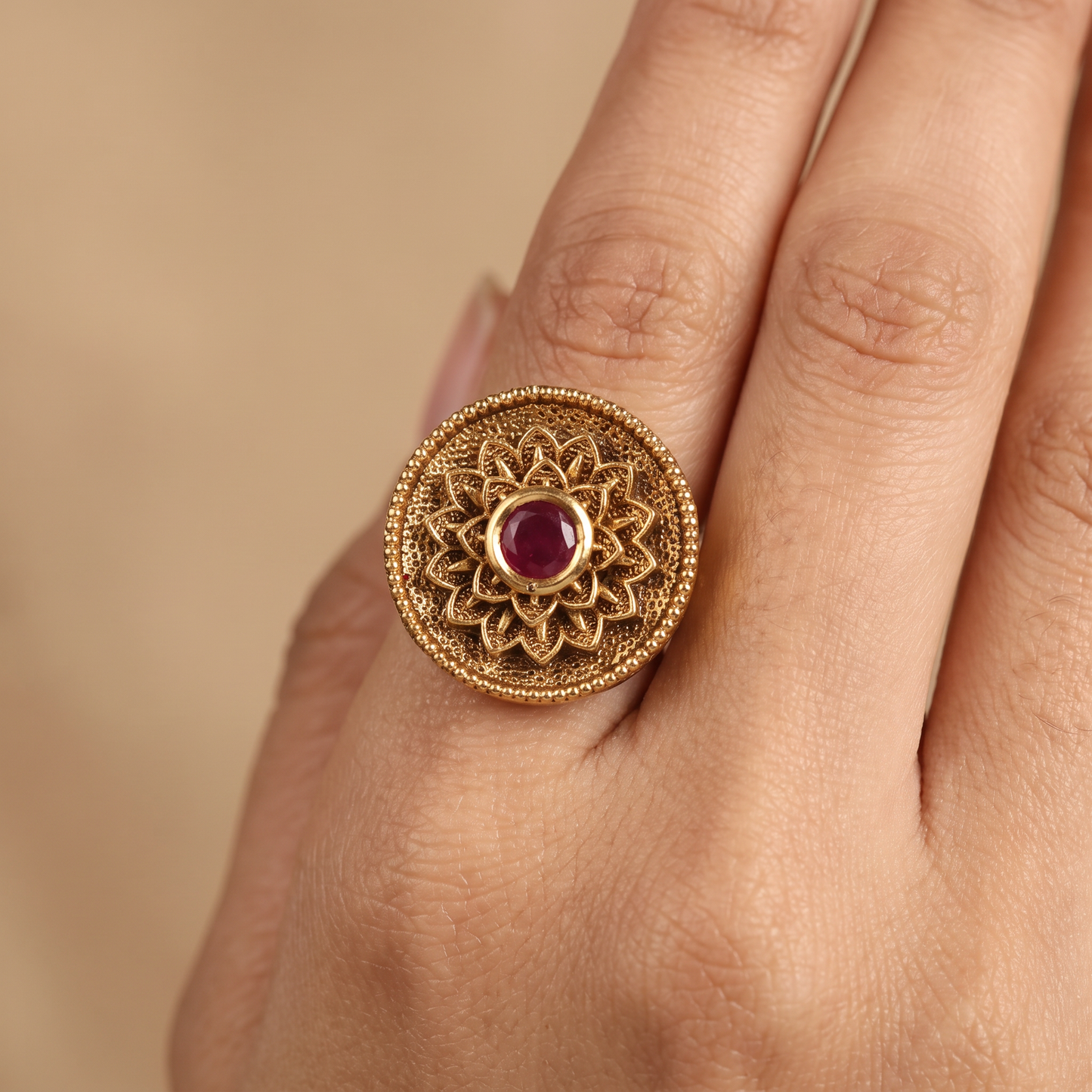 Floral Antique Finger Ring with Rosette Centre and Intricate Circular Detailing