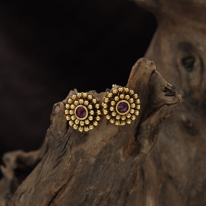 Floral Antique Stud with Sculpted Petals and Ornamental Centre