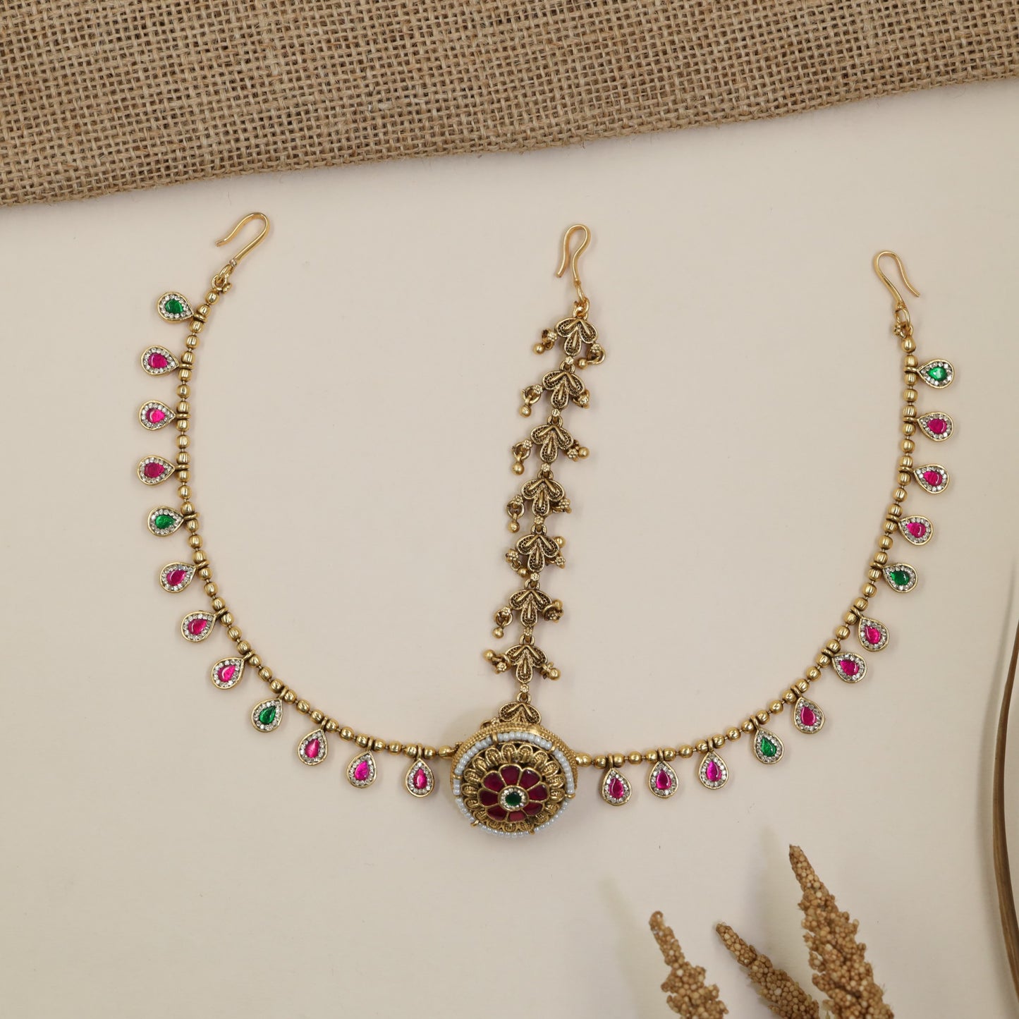 Traditional Antique Headset with Symmetrical Drop Detailing and Central Ornament