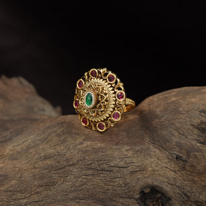 Ornate Antique Finger Ring with Floral Centre and Circular Decorative Border