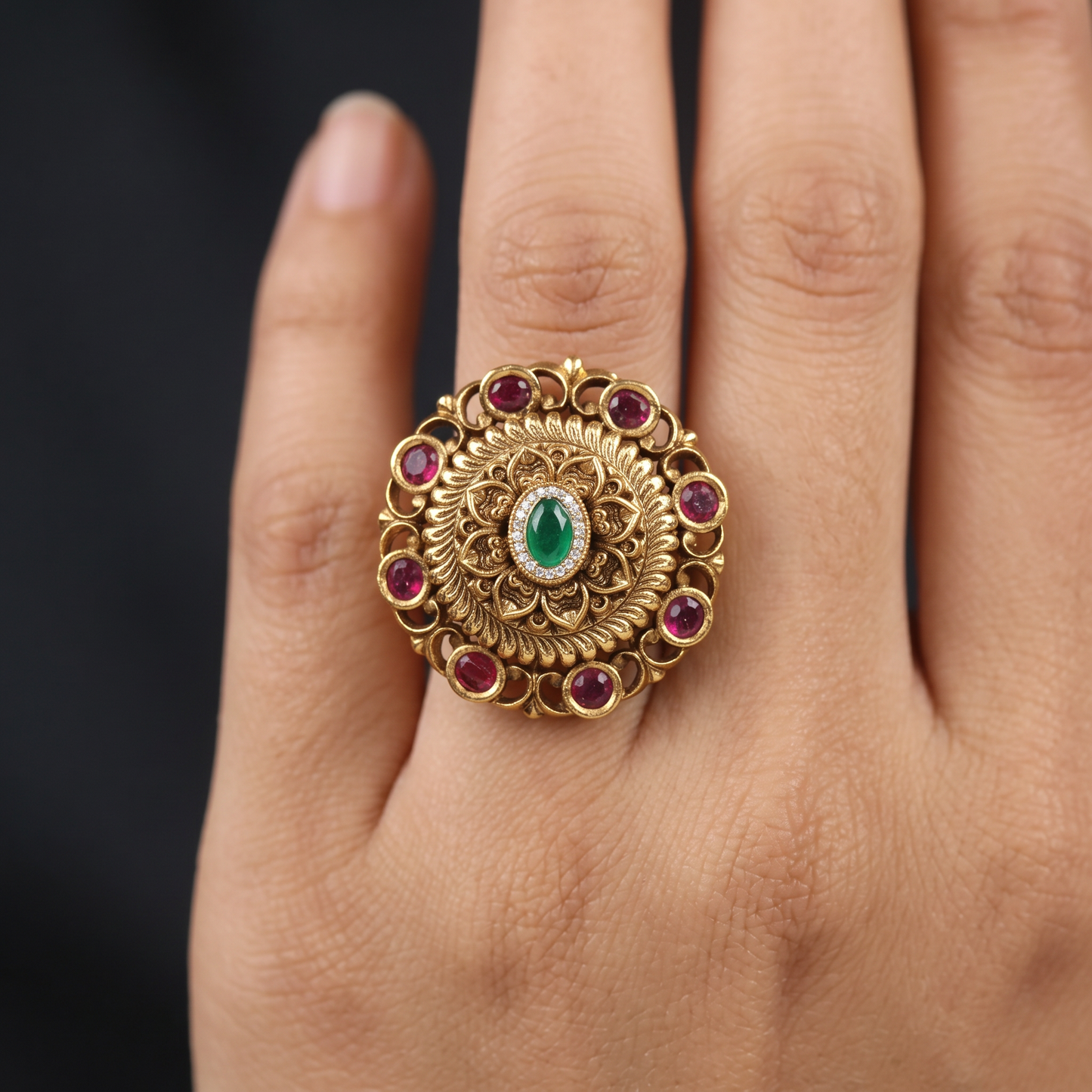 Ornate Antique Finger Ring with Floral Centre and Circular Decorative Border