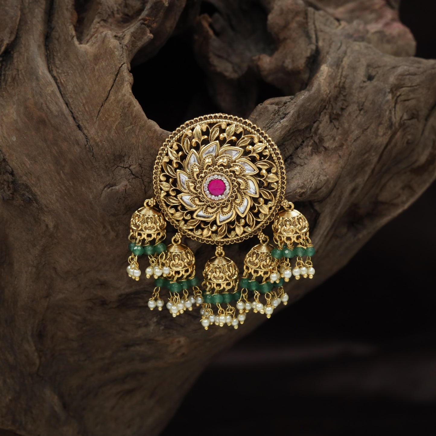 Antique Jade Bille Featuring Layered Floral Detailing and Decorative Beadwork